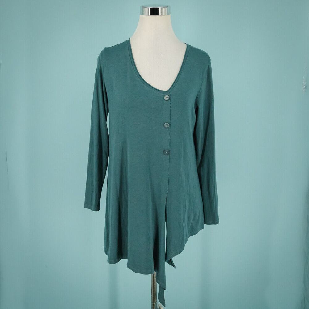 Chalet Size Small S Green Button Front Tie Knot Hem Long Sleeve Artsy Tunic Top